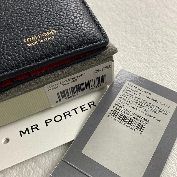 Tom Ford Full Grain Pebbled Calf Leather Bifold Cardholder (Black/Dark Red) - Picture 15 of 16